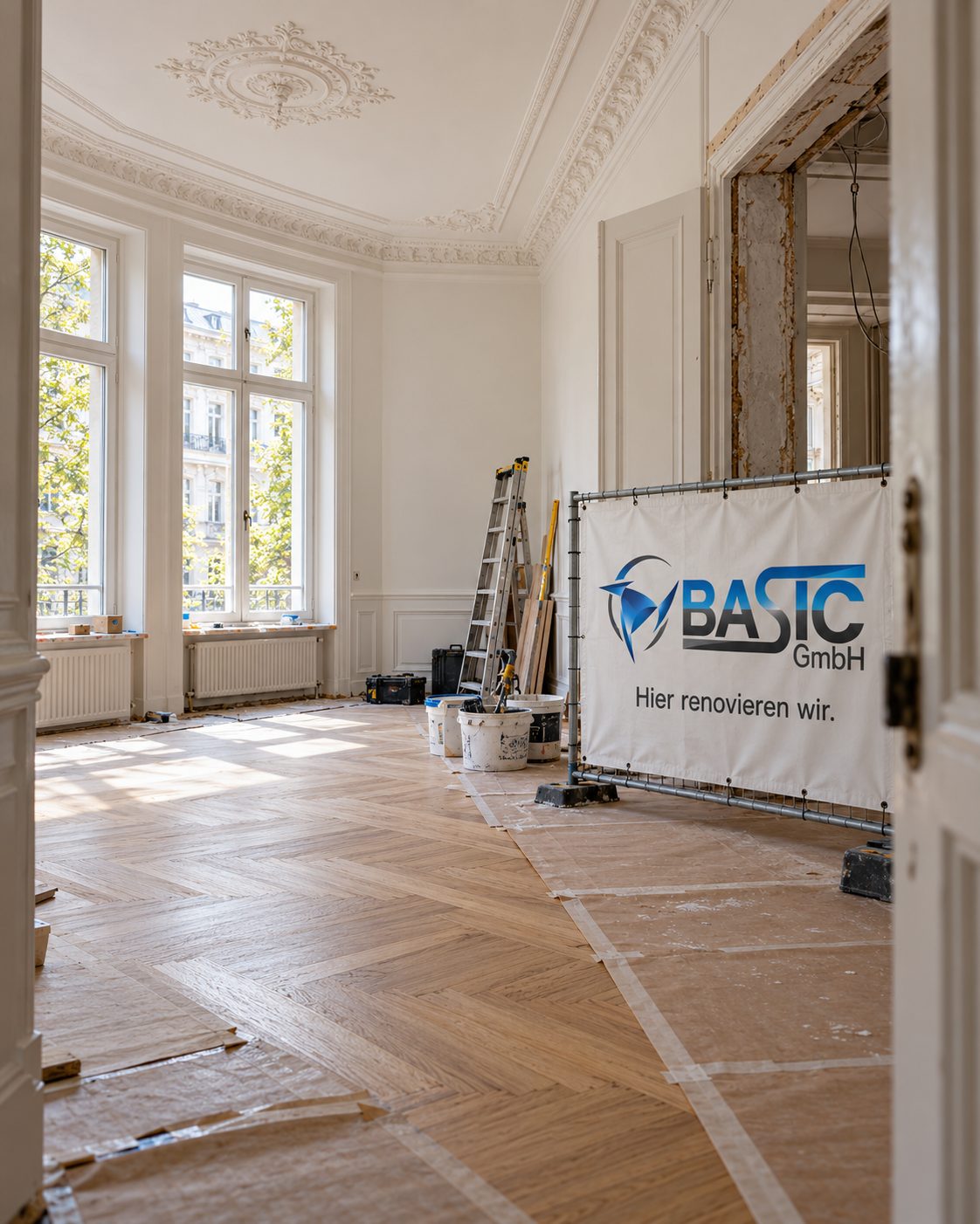 Altbauwohnung in Hamburg während der Renovierung durch die Basic GmbH mit Firmenbanner