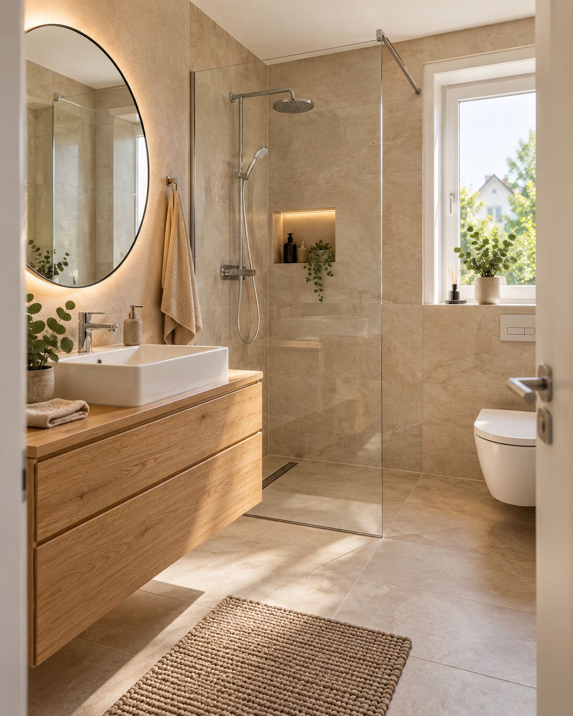 Saniertes Badezimmer mit Walk-in-Dusche und Holzwaschtisch in Hamburg