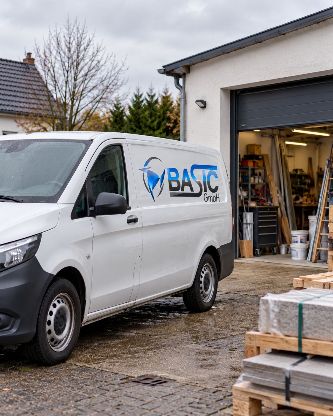 Firmenwagen der Basic GmbH vor der Werkstatt in Hamburg
