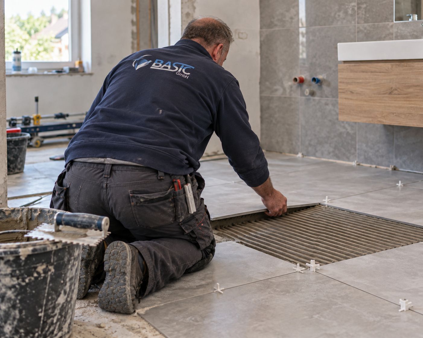 Fliesenleger der Basic GmbH verlegt großformatige Bodenfliesen